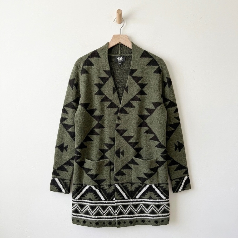 Frye Womens Southwestern Geometric Knit Open Front Cardigan Olive Green Size M